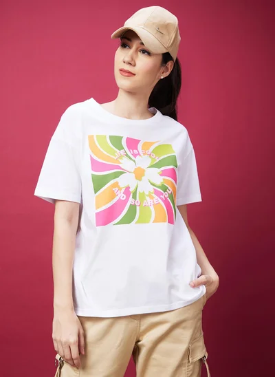 globus Globus Women White Floral Print Drop-Shoulder Sleeves Boxy T-shirt